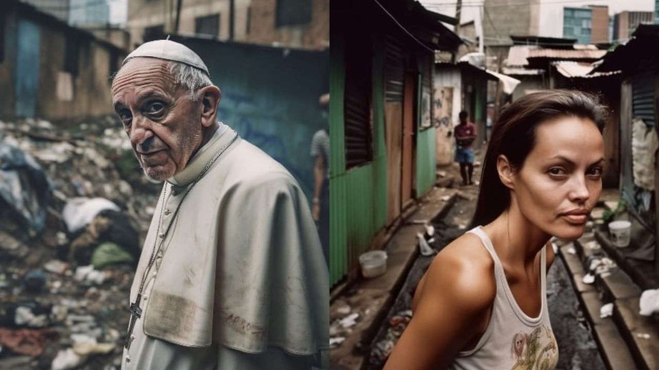 Papa Francisco y Angelina Jolie como pobres según una inteligencia artificial.