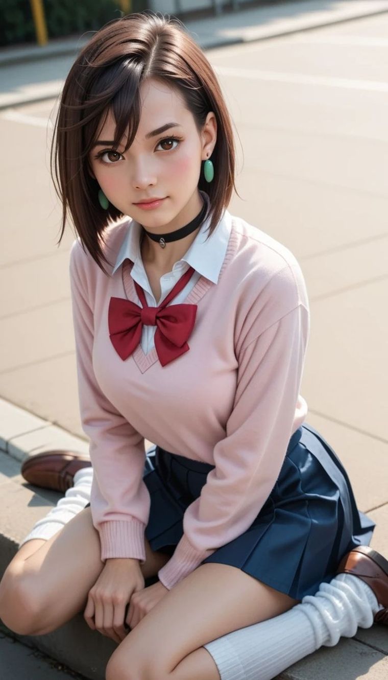 Su atuendo mezcla el uniforme escolar tradicional japonés con toques modernos que resaltan su rebeldía juvenil, como chaquetas oversize y zapatillas deportivas. Su atuendo mezcla el uniforme escolar tradicional japonés con toques modernos que resaltan su rebeldía juvenil, como chaquetas oversize y zapatillas deportivas.