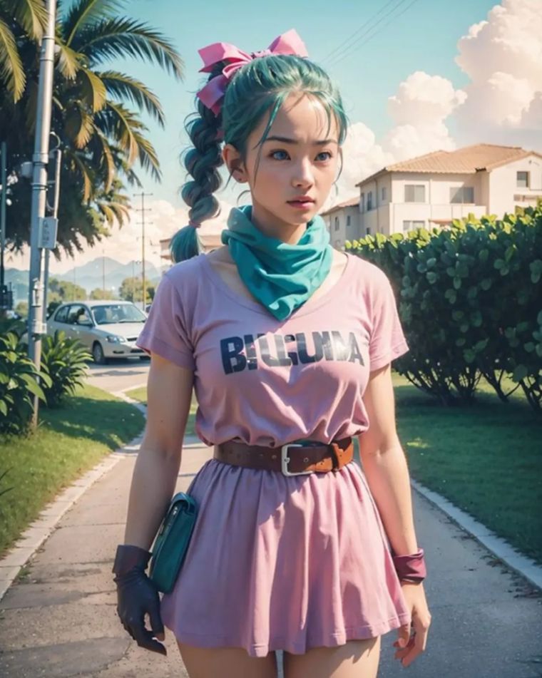 En la ilustración de la IA, Bulma aparece con su clásico vestido rosa En la ilustración de la IA, Bulma aparece con su clásico vestido rosa