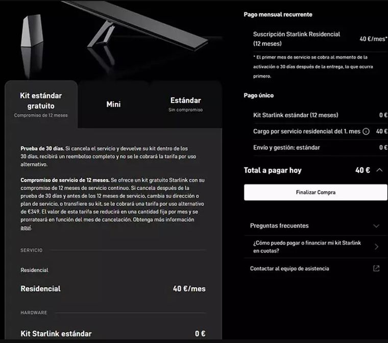 El kit estándar de Starlink, que incluye la antena y un router WiFi 6 tribanda con dos puertos LAN Gigabit Ethernet (modelo UTR 231), tiene un precio habitual de 349 euros.