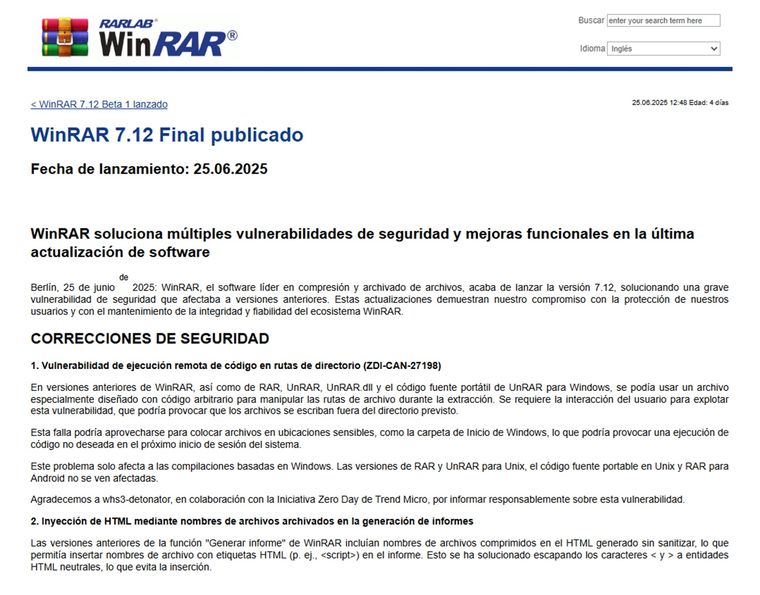Ante la amenaza, RARLAB, empresa responsable de WinRAR, lanzó de forma inmediata la actualización WinRAR 7.12, disponible desde el 25 de junio de 2025 Ante la amenaza, RARLAB, empresa responsable de WinRAR, lanzó de forma inmediata la actualización WinRAR 7.12, disponible desde el 25 de junio de 2025