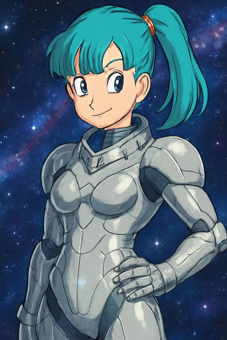 Bulma de Dragon Ball Z se fusiona con Acerina de Los Halcones Galácticos, creando una poderosa guerrera con un toque de ciencia ficción y anime clásico.