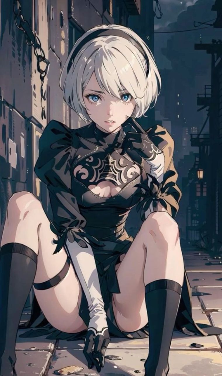 2B es una androide de combate con apariencia femenina, piel pálida, cabello blanco plateado y un visor negro que cubre sus ojos. 2B es una androide de combate con apariencia femenina, piel pálida, cabello blanco plateado y un visor negro que cubre sus ojos.