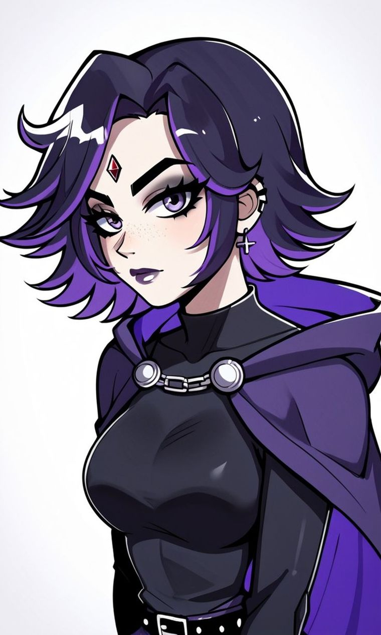 Raven es una joven de piel grisácea, ojos violeta y cabello corto morado, siempre envuelta en su clásica capa azul oscuro con capucha. Raven es una joven de piel grisácea, ojos violeta y cabello corto morado, siempre envuelta en su clásica capa azul oscuro con capucha.
