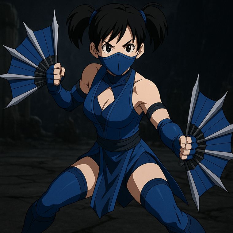 Esta fusión es una guerrera de estética anime que conserva el rostro, los peinados y la determinación de Videl, pero adopta la vestimenta azul oscuro y las armas características de Kitana: los abanicos metálicos.