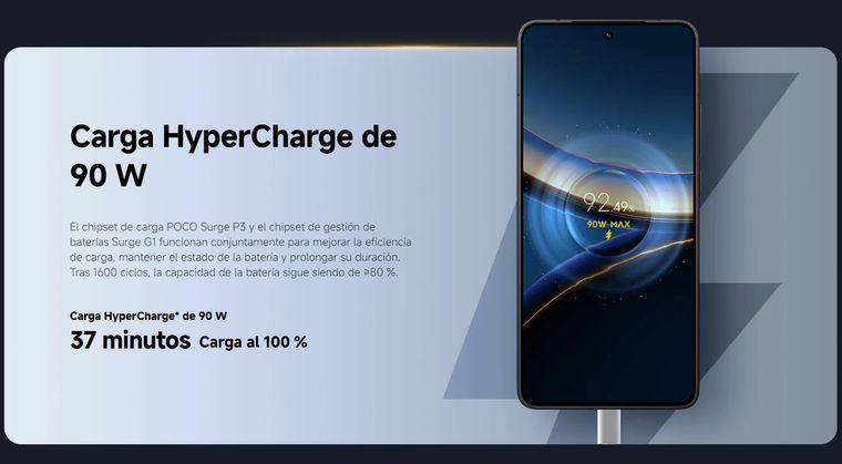 El chipset de carga POCO Surge P3 y el chipset de gesti&oacute;n de bater&iacute;as Surge G1 funcionan conjuntamente para mejorar la eficiencia de carga, mantener el estado de la bater&iacute;a y prolongar su duraci&oacute;n. Tras 1600 ciclos, la capacidad de la bater&iacute;a sigue siendo de &ge;80 %.