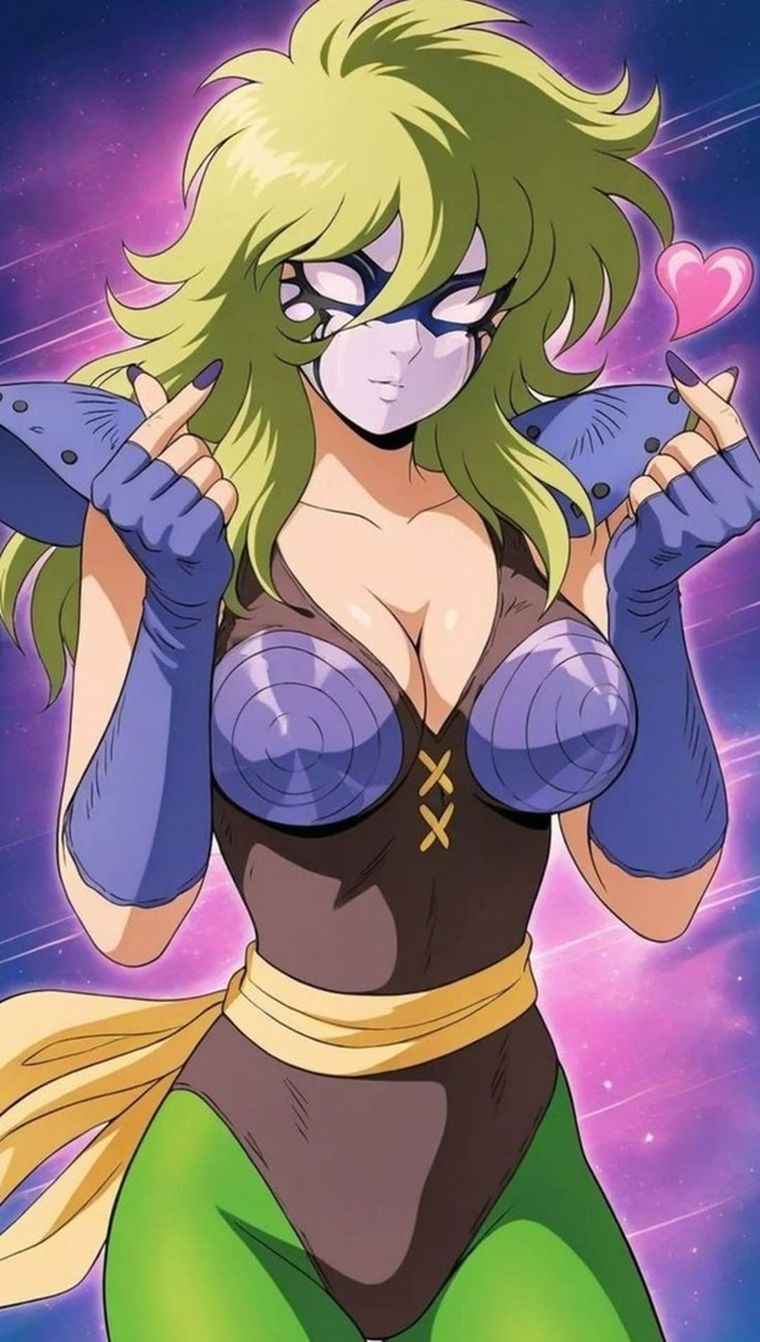 Su armadura plateada con detalles púrpuras y su máscara representan el código que deben seguir las mujeres guerreras en el Santuario. Su armadura plateada con detalles púrpuras y su máscara representan el código que deben seguir las mujeres guerreras en el Santuario.