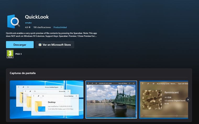 La aplicación se llama QuickLook, y está disponible en la Microsoft Store para cualquier usuario de Windows 10 u 11. La aplicación se llama QuickLook, y está disponible en la Microsoft Store para cualquier usuario de Windows 10 u 11.