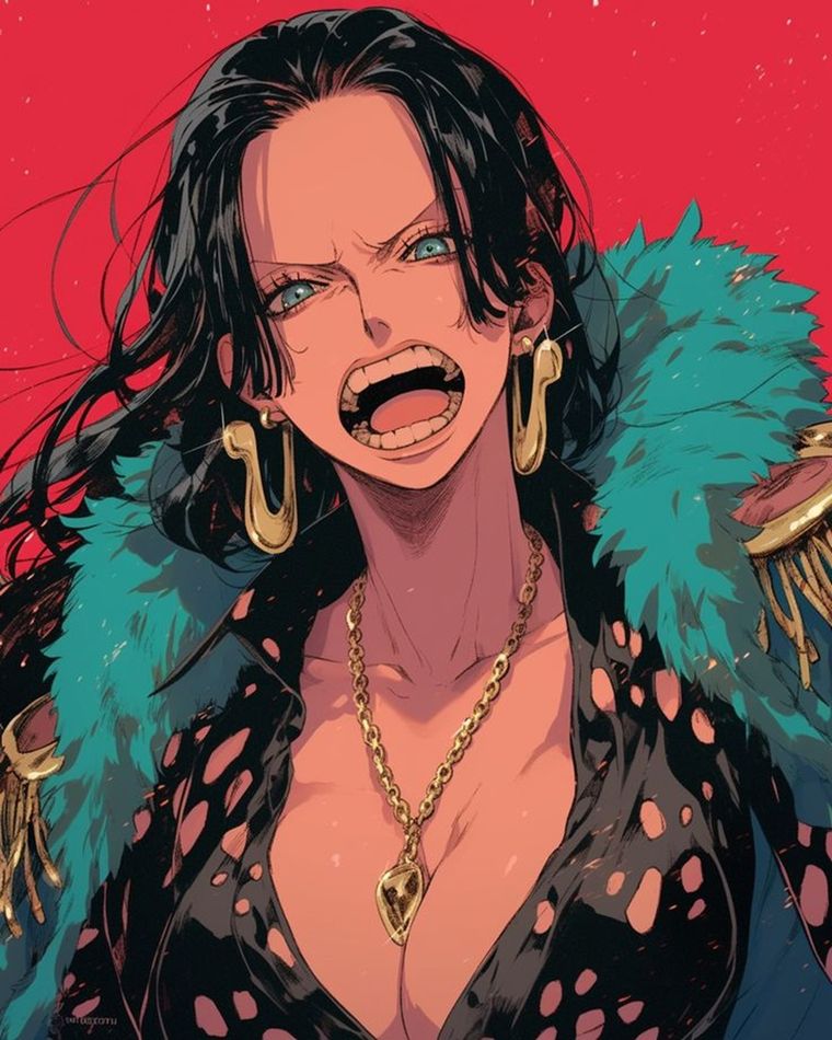 Boa Hancock, emperatriz pirata y una de las Shichibukai, impone con su estampa real. Boa Hancock, emperatriz pirata y una de las Shichibukai, impone con su estampa real.