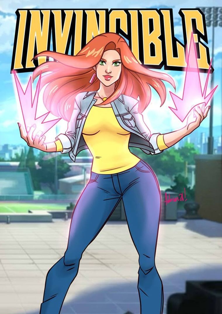 En Invincible, Atom Eve tiene cabello rosa, ojos verdes y una figura estilizada. En Invincible, Atom Eve tiene cabello rosa, ojos verdes y una figura estilizada.