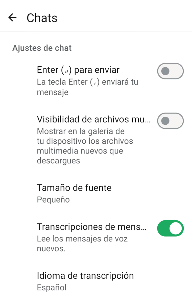 Desde el apartado de "Chats" puedes activar la función en tu smartphone Desde el apartado de "Chats" puedes activar la función en tu smartphone