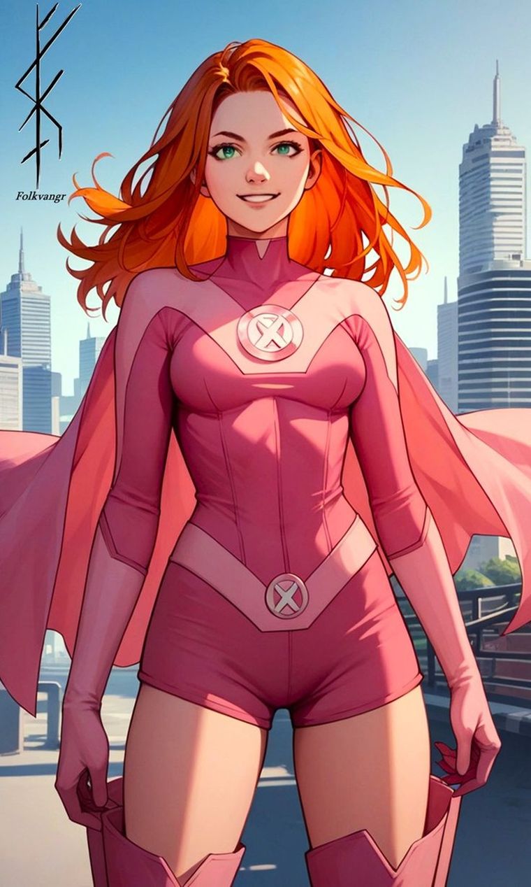 Viste un traje fucsia con el símbolo del átomo, que resalta su identidad como mujer empoderada. Viste un traje fucsia con el símbolo del átomo, que resalta su identidad como mujer empoderada.