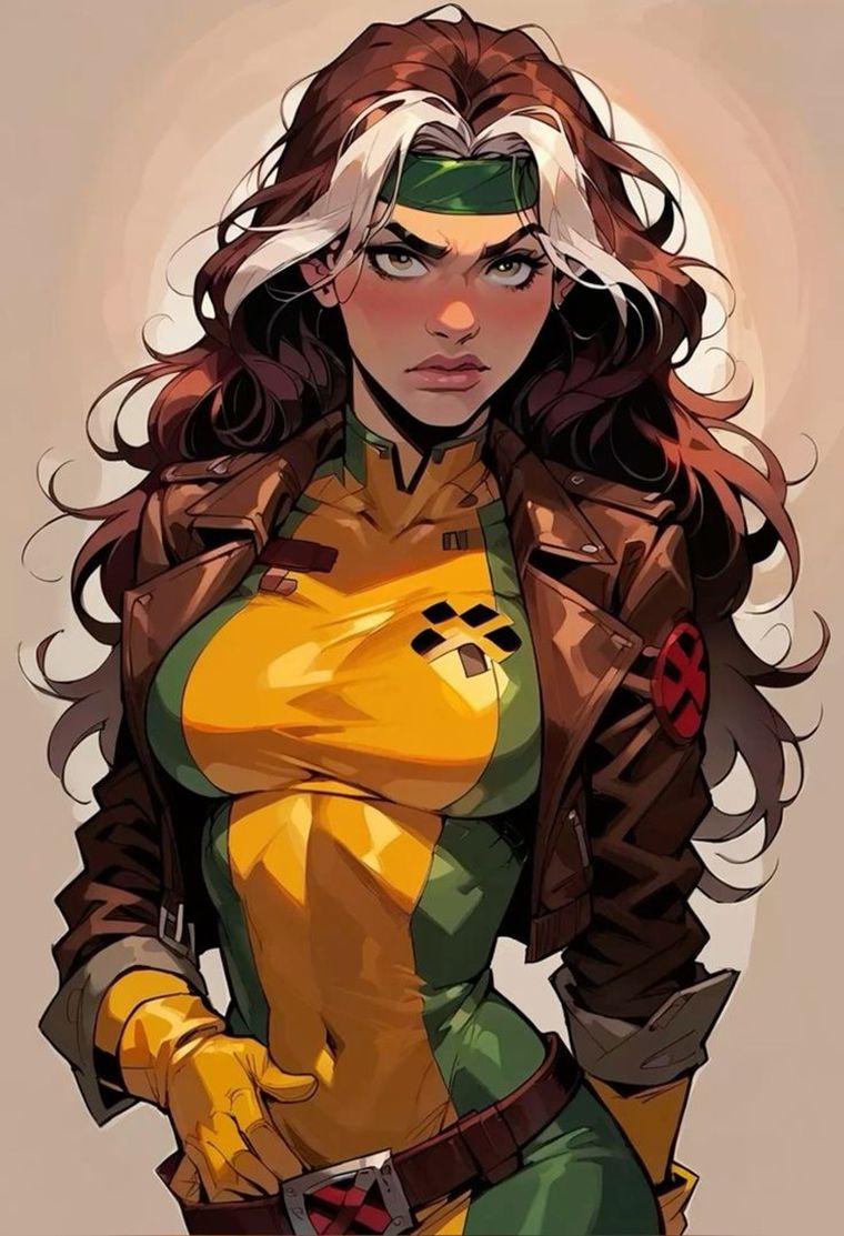 Rogue es reconocida por su característico cabello con un mechón blanco y su estampa poderosa. Rogue es reconocida por su característico cabello con un mechón blanco y su estampa poderosa.