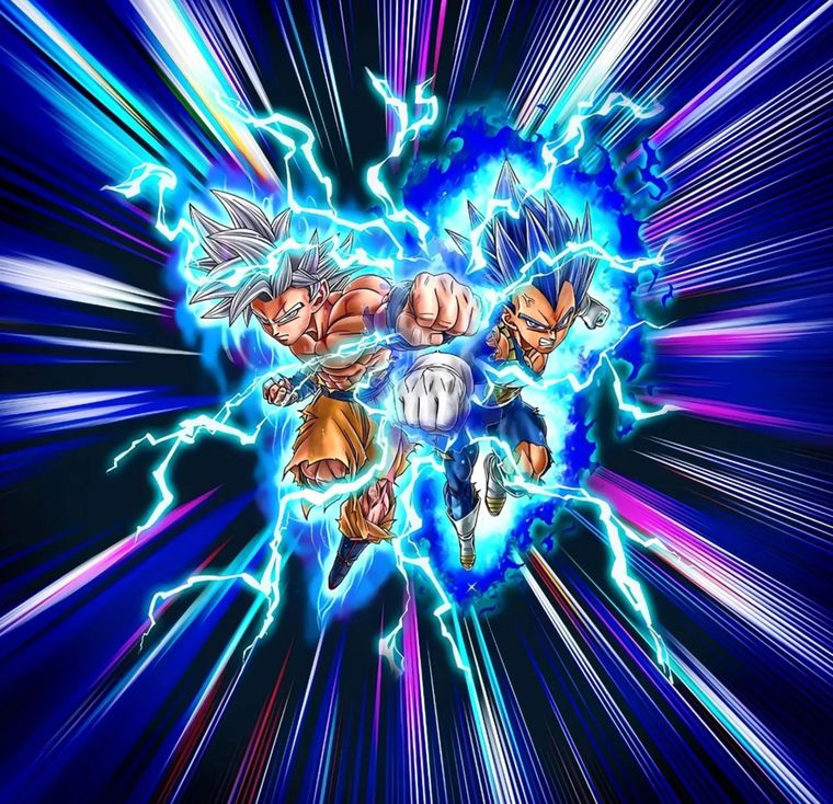 Goku y Vegeta desplegando sus estados más poderosos vistos hasta ahora en el anime: el Ultra Instinto Dominado y el Super Saiyajin Blue Evolution.