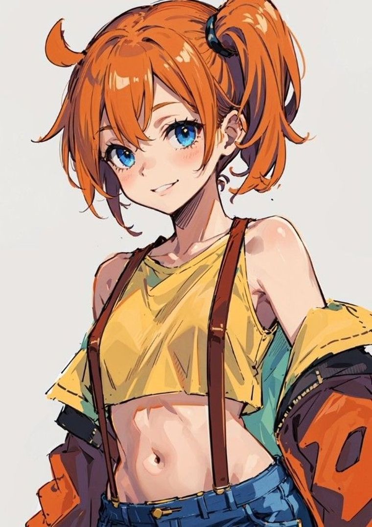 Su atuendo clásico incluye un top amarillo, shorts de mezclilla y tirantes rojos. Su atuendo clásico incluye un top amarillo, shorts de mezclilla y tirantes rojos.