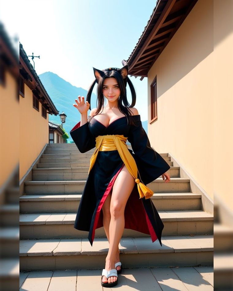 Kuroka es una joven de cabello largo y negro, ojos dorados y orejas de gato, rasgos que destacan su herencia Nekomata. Kuroka es una joven de cabello largo y negro, ojos dorados y orejas de gato, rasgos que destacan su herencia Nekomata.