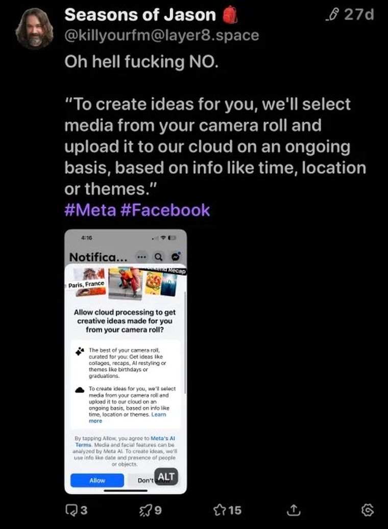 Meta AI procesa fotos del celular para generar contenido, incluso si no se compartieron en Facebook. Meta AI procesa fotos del celular para generar contenido, incluso si no se compartieron en Facebook.