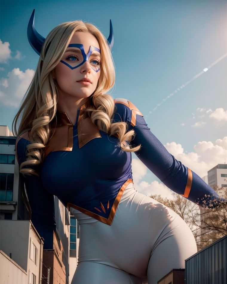 Su traje de héroe es un enterizo violeta y blanco con detalles dorados, diseñado para soportar sus cambios de tamaño. Su traje de héroe es un enterizo violeta y blanco con detalles dorados, diseñado para soportar sus cambios de tamaño.