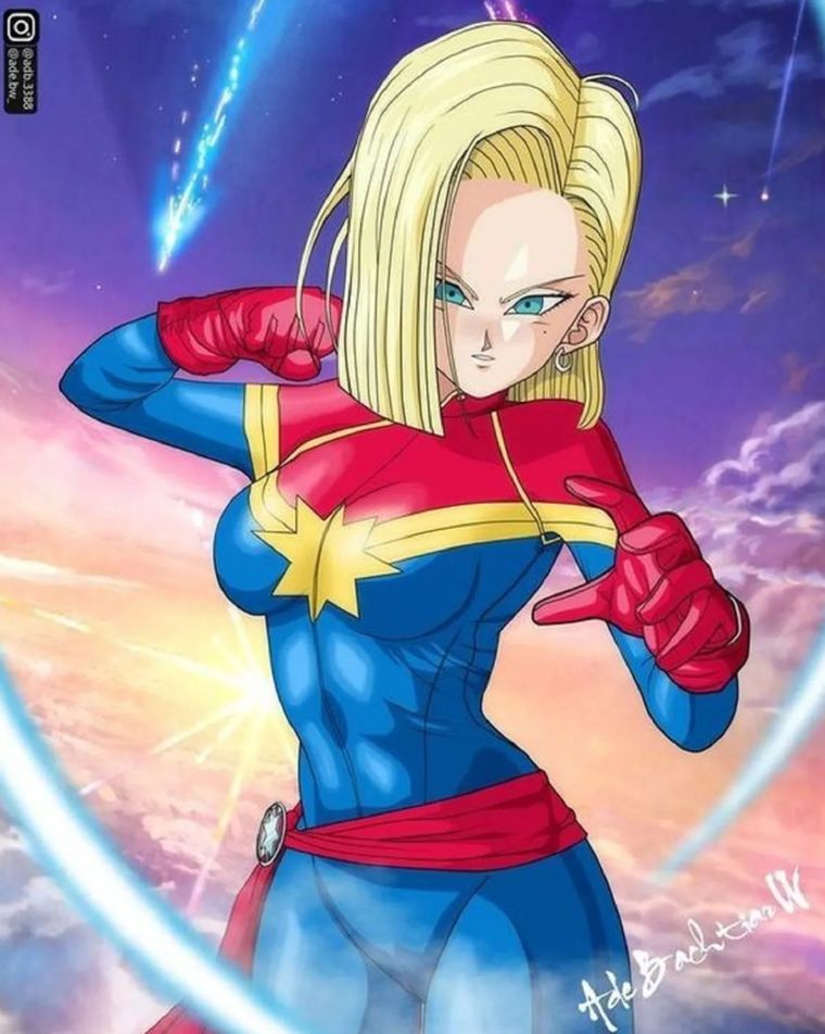 En esta interpretación, la Androide 18 luce una armadura moderna y funcional, inspirada en el traje de Carol Danvers pero adaptado con una estética más robusta y táctica.