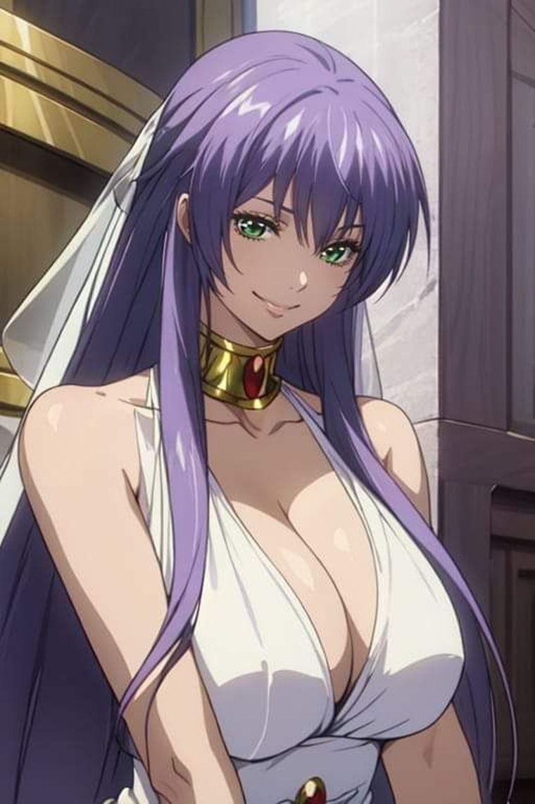 En cuanto a vestimenta, porta una larga túnica blanca y un báculo dorado con la figura de Nike, diosa de la victoria. En cuanto a vestimenta, porta una larga túnica blanca y un báculo dorado con la figura de Nike, diosa de la victoria.