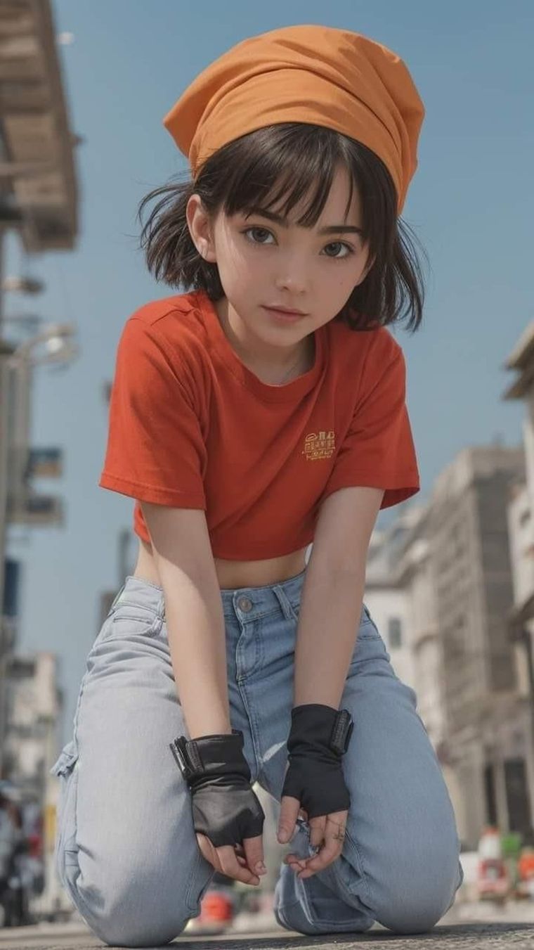 Su look clásico incluye un pañuelo rojo, camiseta naranja, pantalones cortos azules y guantes, reflejando su espíritu aventurero y su conexión con los luchadores Z. Su look clásico incluye un pañuelo rojo, camiseta naranja, pantalones cortos azules y guantes, reflejando su espíritu aventurero y su conexión con los luchadores Z.