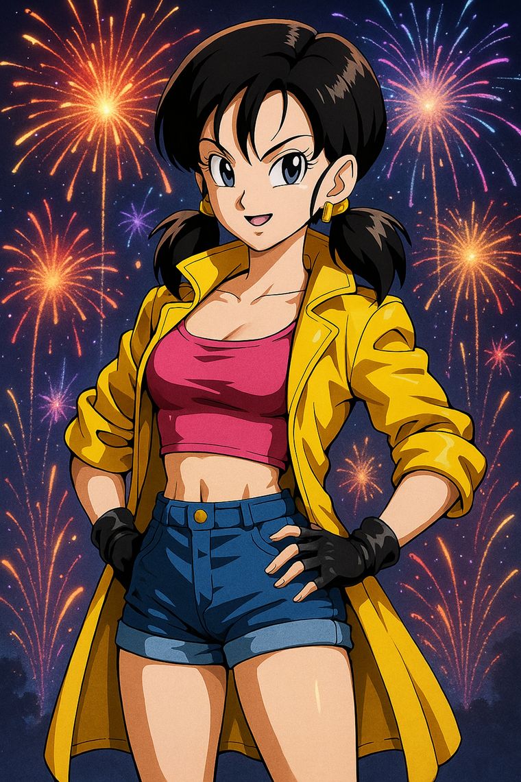 Esta fusión mantiene el rostro inconfundible de Videl, con su característico peinado de coletas, ojos grandes y actitud decidida. Esta fusión mantiene el rostro inconfundible de Videl, con su característico peinado de coletas, ojos grandes y actitud decidida.