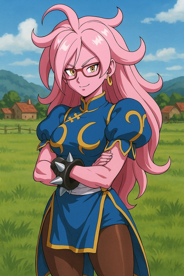 El cuerpo atlético y la postura firme de Chun-Li combinados con los ojos intensos, el cabello salvaje y la piel rosada de Android 21 crean una estética poderosa y equilibrada.