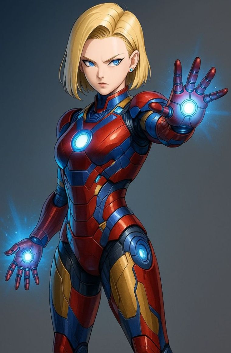 La fusión entre Androide 18 de Dragon Ball Z e Iron Man del universo Marvel. La fusión entre Androide 18 de Dragon Ball Z e Iron Man del universo Marvel.