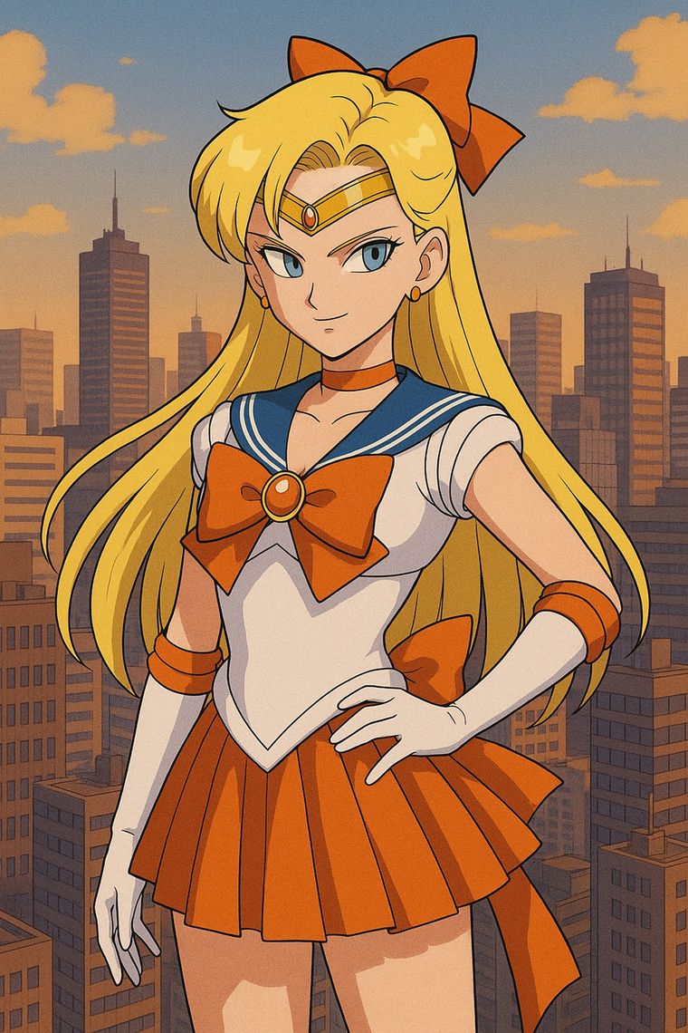 Con un estilo visual impecable, la fusión presenta a una guerrera con la cabellera rubia y larga de Sailor Venus, la actitud decidida de Androide 18 y el clásico uniforme de marinera con detalles inspirados en ambas sagas.