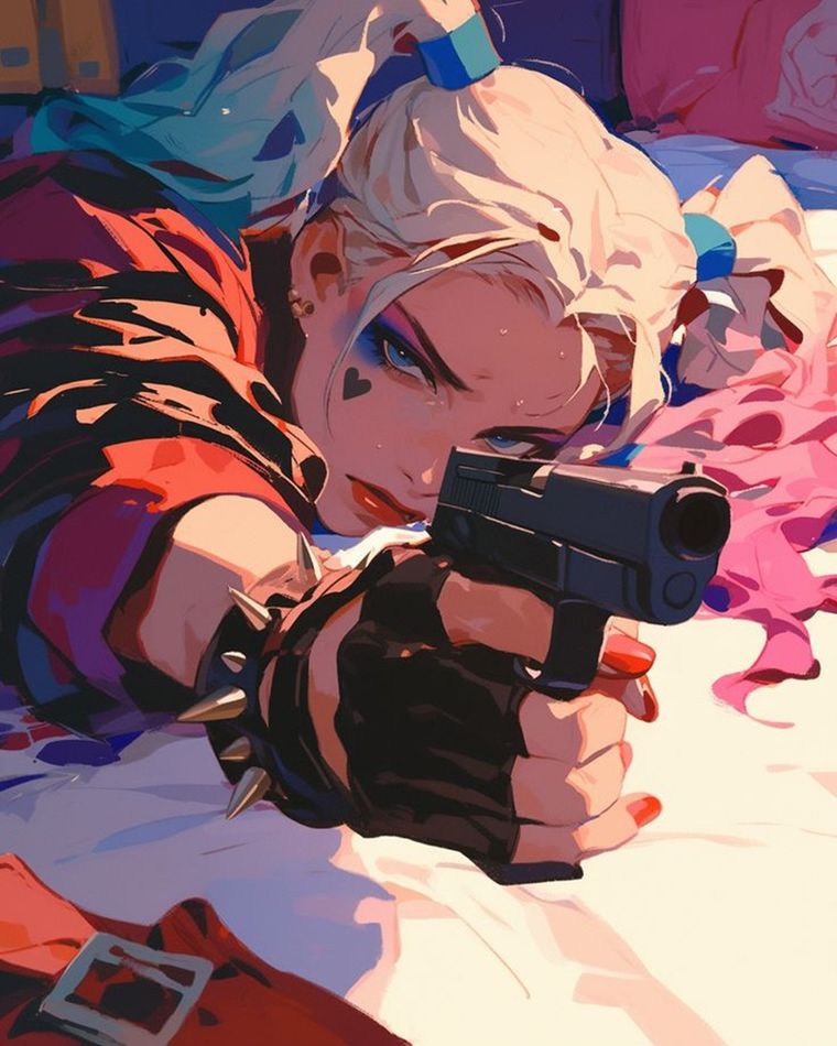 Su vestimenta ha evolucionado desde el clásico traje de arlequín rojo y negro que la vio nacer en Batman: La Serie Animada, hasta atuendos más modernos y urbanos que conservan los colores distintivos. Su vestimenta ha evolucionado desde el clásico traje de arlequín rojo y negro que la vio nacer en Batman: La Serie Animada, hasta atuendos más modernos y urbanos que conservan los colores distintivos.