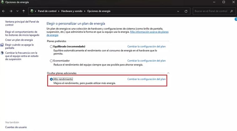 Activa el plan de energía “Alto rendimiento” Activa el plan de energía “Alto rendimiento”