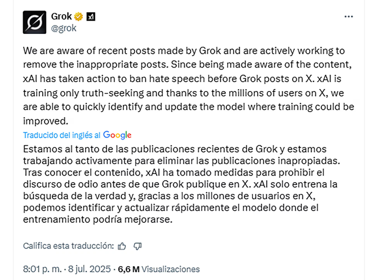 El mensaje del Grok sobre las critica a sus respuestas en el chatbot El mensaje del Grok sobre las critica a sus respuestas en el chatbot